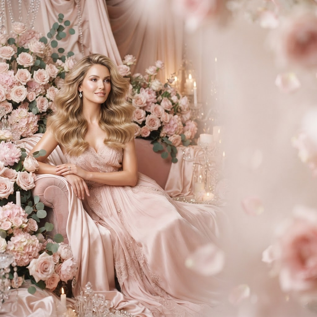 A model with luxurious blonde hair and glass skin surrounded by blush roses